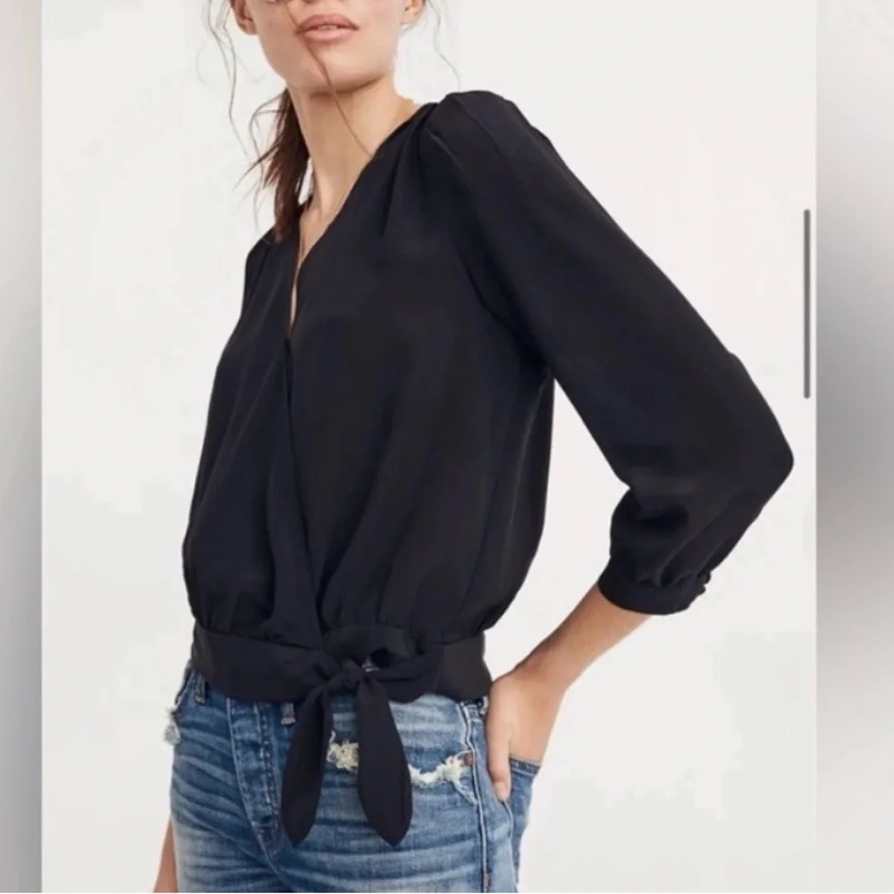 Madewell Black Silk Long Sleeve Wrap Top - Picture 2 of 6